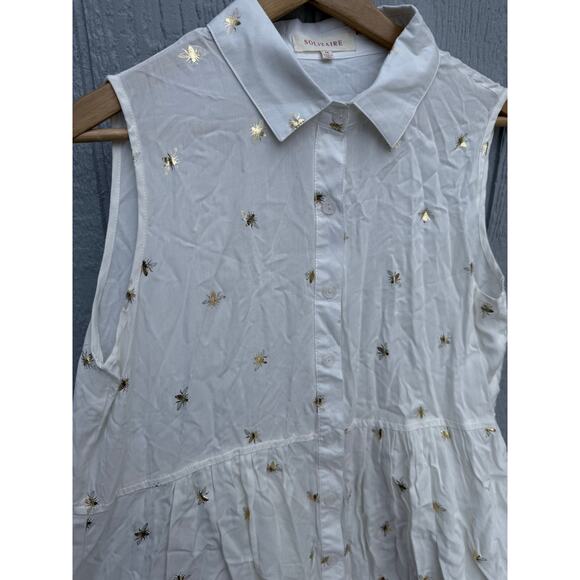SOLITAIRE boho cream ivory gold metallic bee print inspo sleeveless tunic top - Picture 2 of 6
